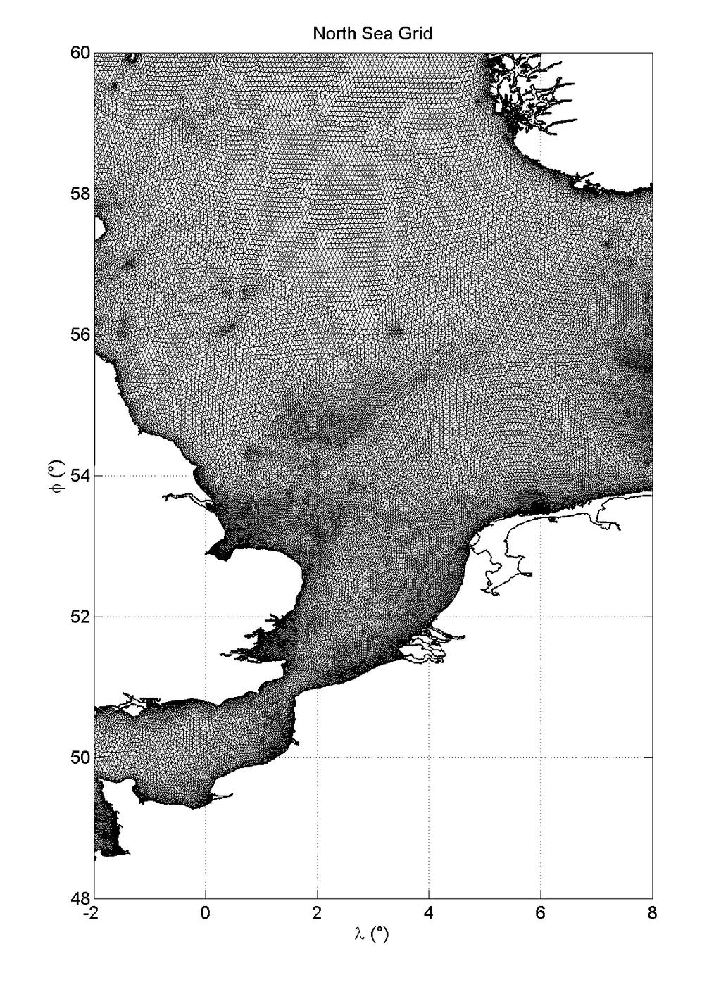 Figure 3: Unstructured grid for the North Sea Results of the validation of SWAN for the 5 periods at the three measurement locations are now being processed and will be presented in Van Vledder et al.