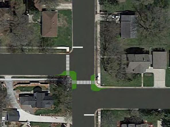 This treatment has lower capital costs than a permanent curb extension pictured on the left.