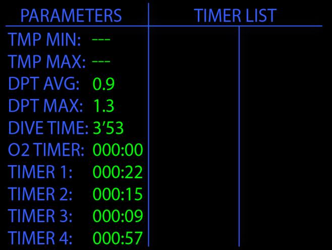 The screen contains the diving parameters (PARAMETERS column) and the list of all start/stop of stopwatches (TIMER LIST column).