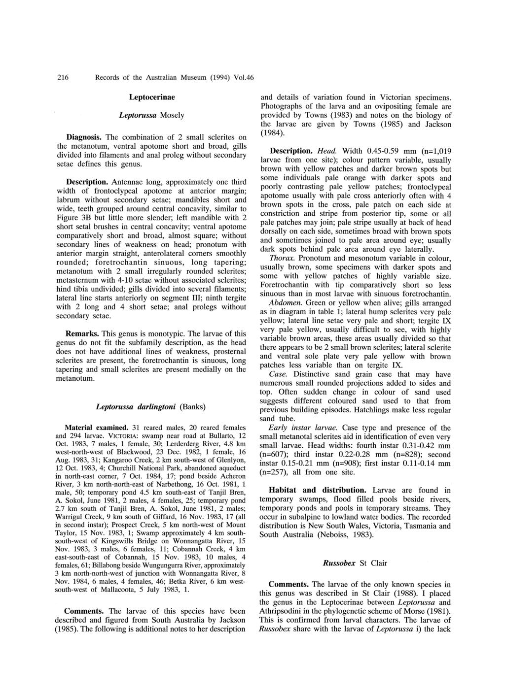216 Records of the Australian Museum (1994) Vo1.46 Leptocerinae Leptorussa Mosely Diagnosis.