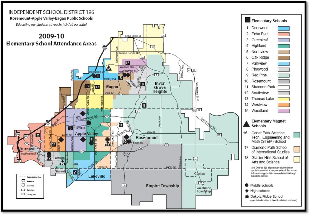 school boundary map for District 196 shows that the attendance area for is quite large and the school is located in the northwest corner of the attendance area. Source: www.district196.