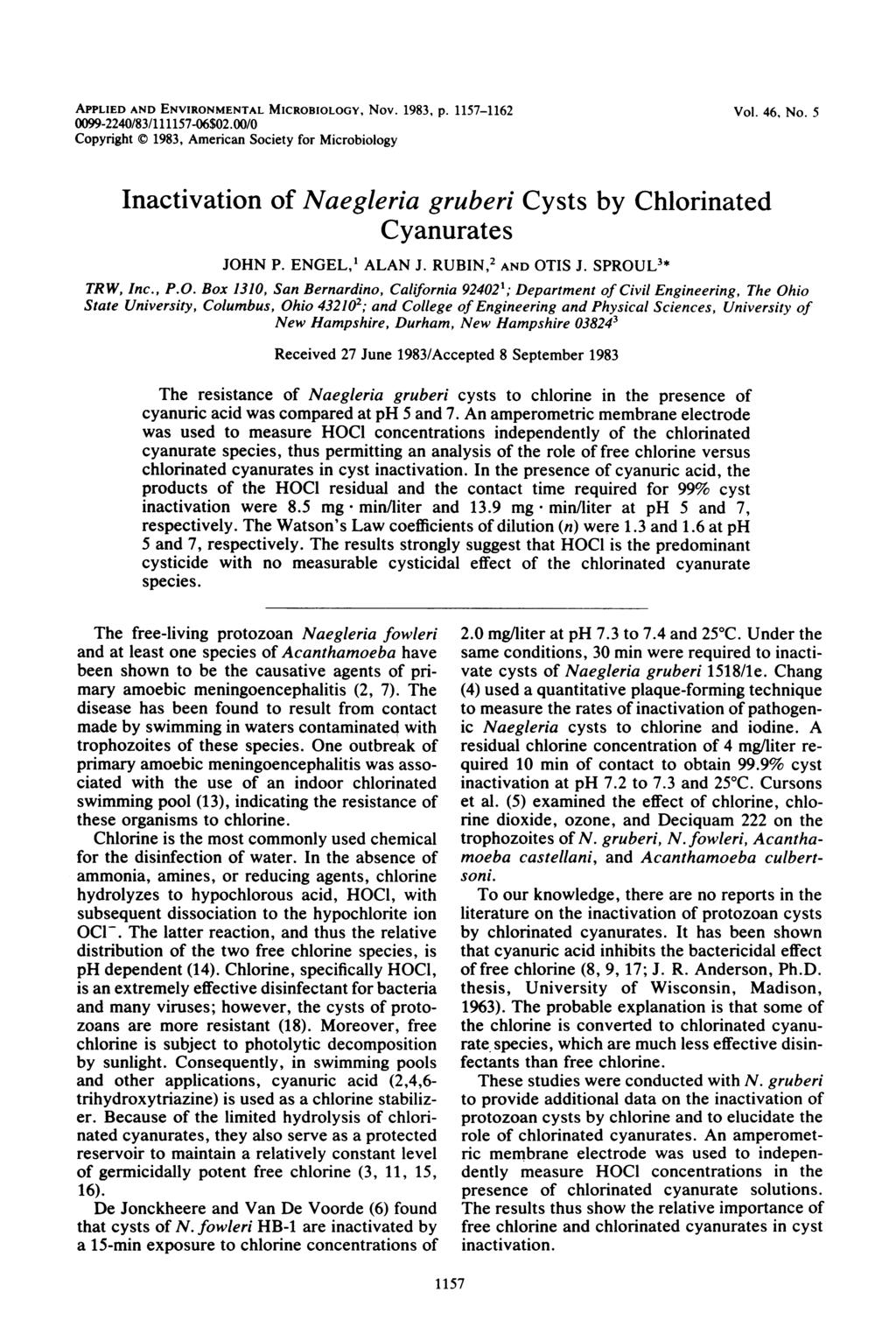 APPLIED AND ENVIRONMENTAL MICROBIOLOGY, Nov. 1983, p. 1157-1162 0099-2240/83/111157-06$02.00/0 Copyright 1983, American Society for Microbiology Vol. 46, No.