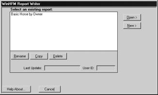 Opening an existing (saved) report 1) Open an existing report screen. This is the first screen you will see when the report writer is opened.