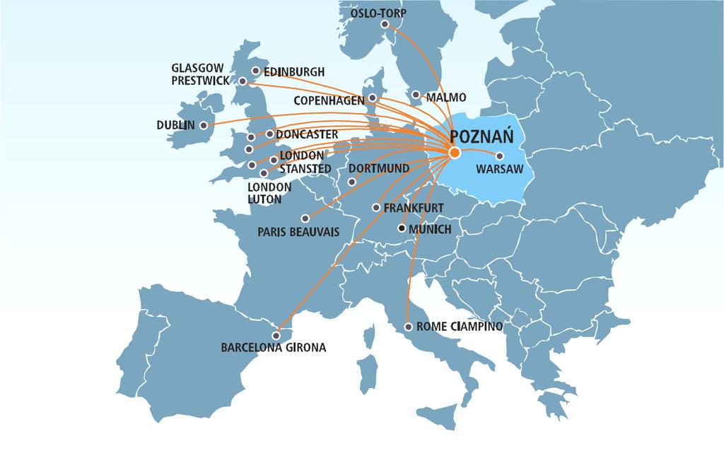 It offers coach services to Europe s and Poland s main cities and has its own international airport Poznan Lawica.