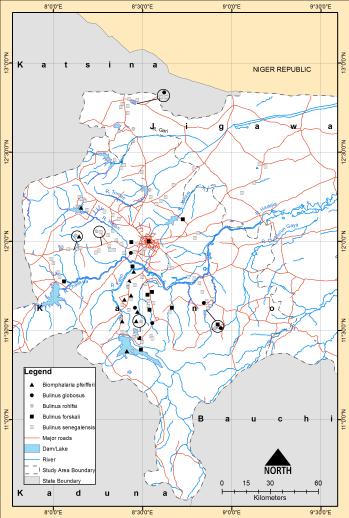 (Adapted from: Betterton 1988) Fig 4: Map of area surveyed in Kano State showing the distribution of potential snail intermediate hosts, major river systems and lakes; the latter indexed as follows: