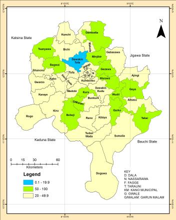 (Adapted from: Abdullahi, 2008) Figure 5: Colour coded map of Kano