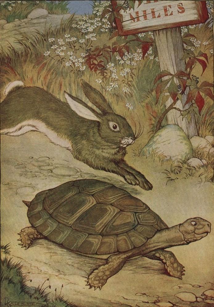 Fable Four: (Requires 4 students) The Turtle and the Rabbit Narrator One: One day a turtle was creeping down the road. A rabbit came hopping along. Rabbit: Good morning, Mr. Turtle. Don t you wish you could run as fast as I can?