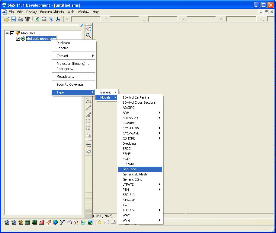 Figure 2. Set Model Type to GenCade. Set display projection. o Click Edit->Projection then select Global projection.