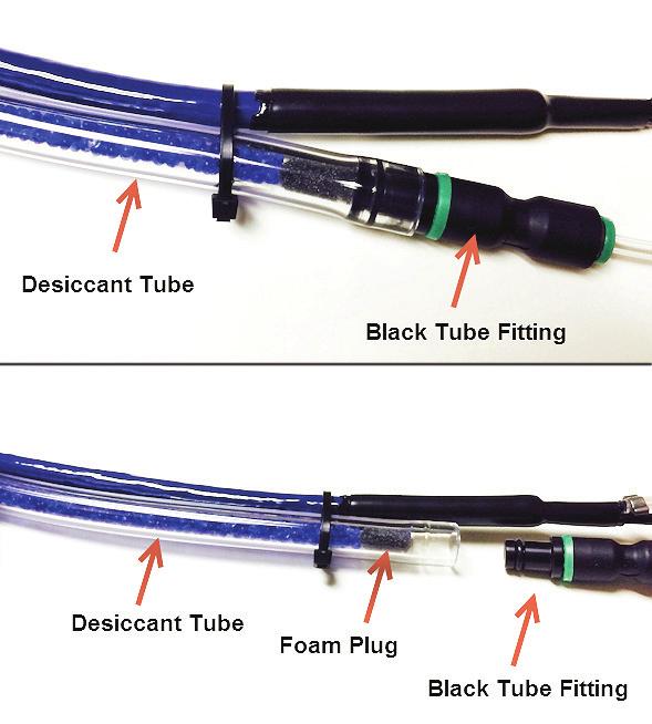 Install the sensor so that the desiccant tube and cable connector will not flood or lie in water. The desiccant is a bright blue color when active and dry.