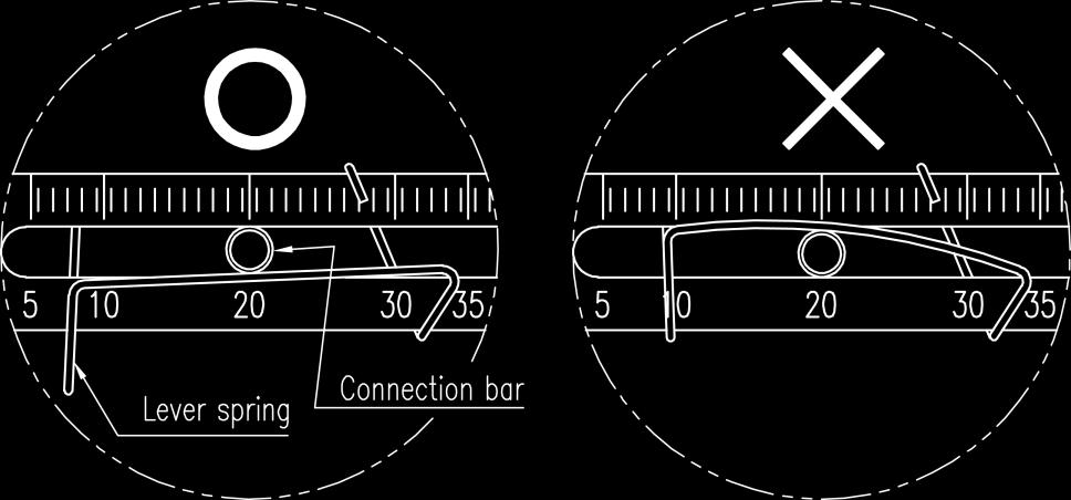 5. Insert the connection bar between the feedback lever and lever spring. The connection bar must be located upward from the spring lever as shown below left figure.