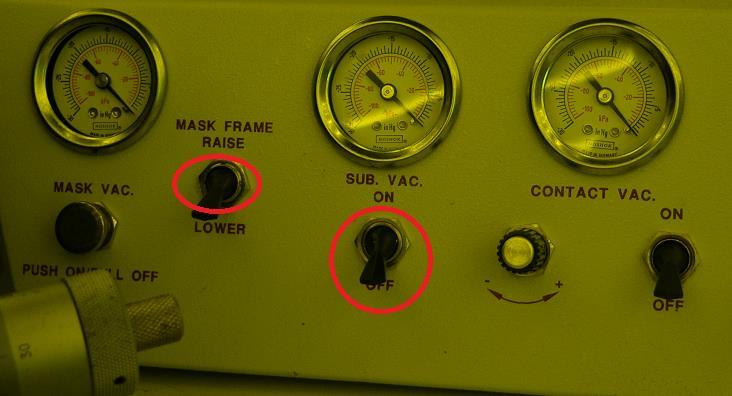 Toggle the SUB. VAC switch to fix substrate by vacuum and lower the Mask Frame by toggling the Mask Frame switch to Lower Position. 4.9 Sample Contact 1.