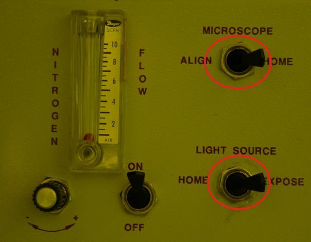 Fig.22. Switch microscope back to HOME position and flip the LIGHT SOURCE to EXPOSE position. 4.12 Unload Substrate 1. Switch LIGHT SOURCE to HOME to bring system to load/unload position. 2.