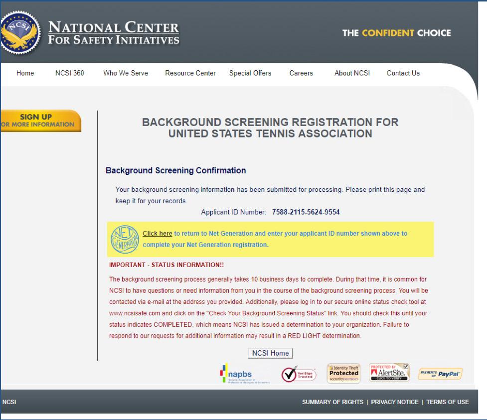 12. On the final page of your background screen application, you will see your 16 digit NCSI Applicant ID.