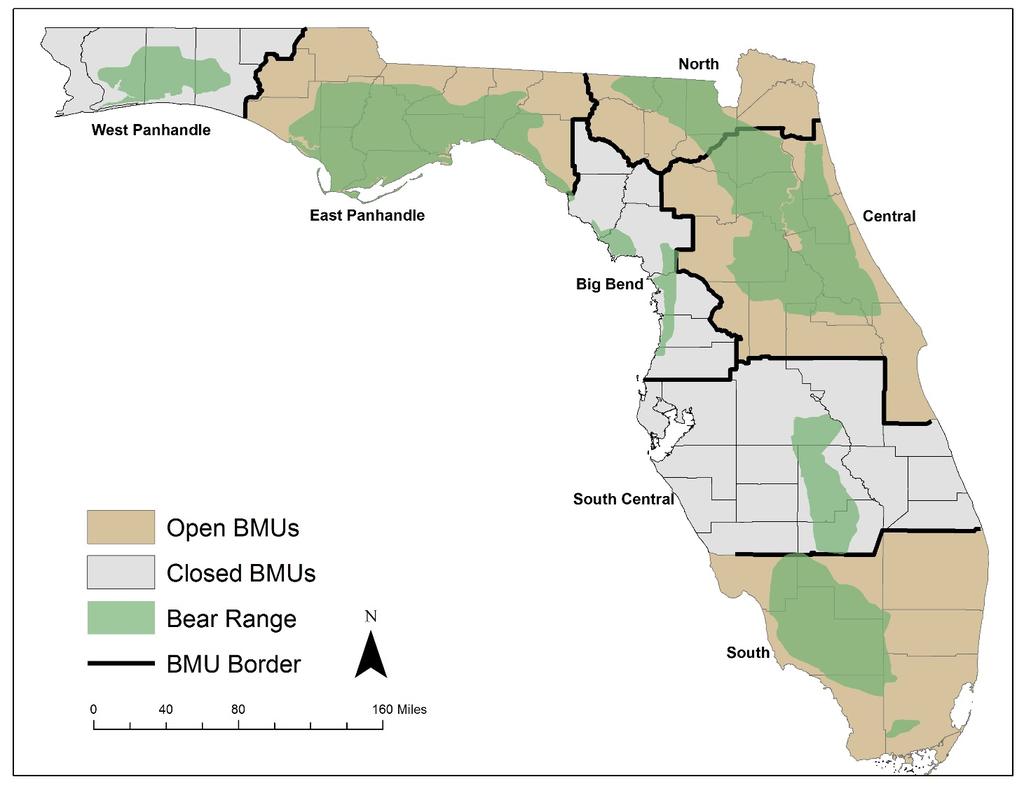 2015 Florida Black Bear Hunt Summary Report The Florida Fish and Wildlife Conservation Commission (FWC) opened 4 of the 7 bear management units (BMU) in Florida (Figure 1) to bear hunting on