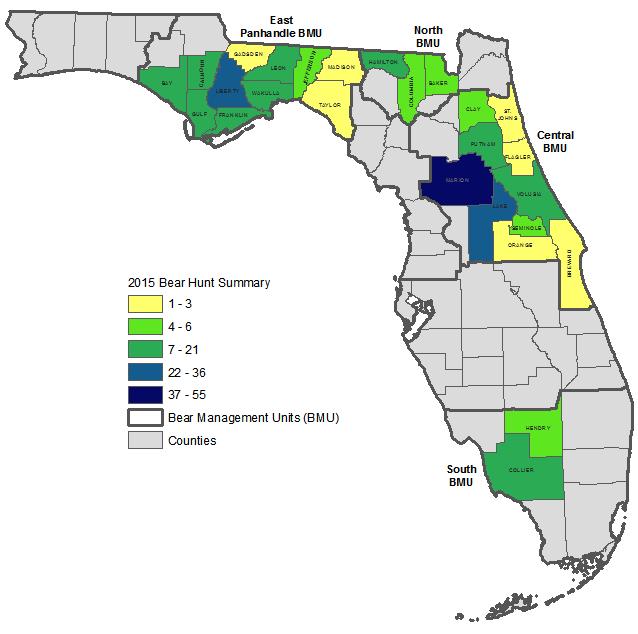 Figure 3. Bear harvest by county for the 2015 Florida black bear hunting season.