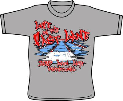 2015 Avon Lake Invitational T-shirt Order Form Front Back (REAL ATHLETES SWIM, THE REST JUST PLAY GAMES) The shirt is in sports grey. The theme is Life in the Fast Lane.