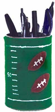 Auburn Craft Corner Football Pen Holder Materials: Empty soup can Green and brown felt Orange, Blue or White 3-D paint Scissors Glue Instructions: Cut the green felt into a strip that will cover the