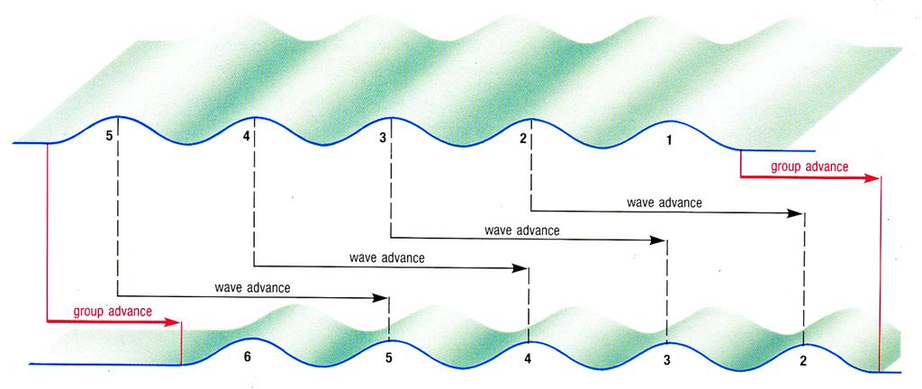 Individual wave crests move faster than the group and advance through the wave group