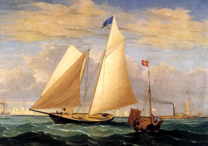Quickly completed, the AMERICA sailed for Europe on June 21, 1851. Arriving on July 11th, her crew of nine professional sailors was joined there by John Stevens, Commodore of the New York Yacht Club.