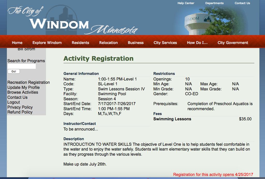 How to REGISTER for swimming lessons ON-LINE. After you Select the ACTIVITY you are ready to REGISTER for that event as shown on the left. Remember!