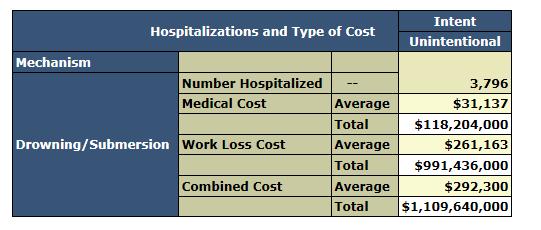 Hospitalization Costs (Average & Lifetime) Non-fatal Submersions in