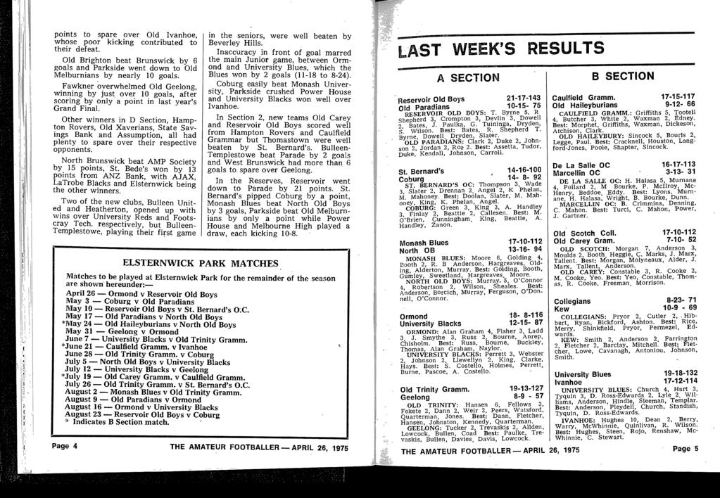 points to spare over Old Ivanhoe, whose poor kicking contributed to their defeat Old Brighton beat Brunswick by 6 goals and Parkside went down to Old Melburnians by nearly 10 goals Fawkner
