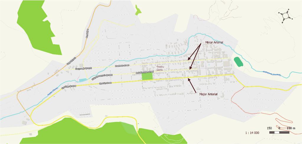 2. The Goris Road Network The city has a grid plan street network with 3 arterial roads (1 main and 2 minor) that serve the north-south axis.