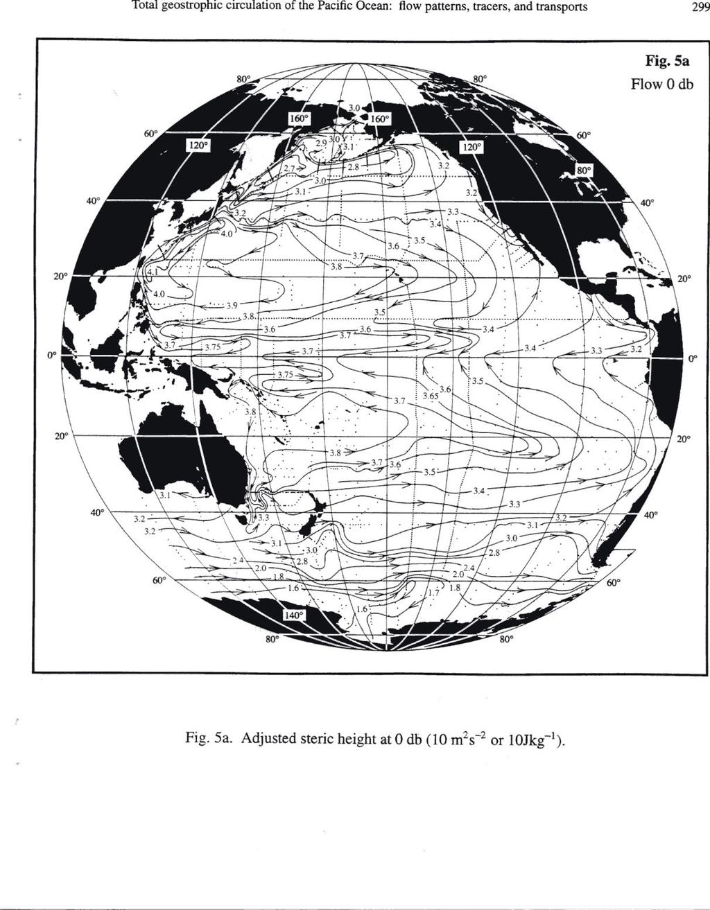 17. (4 points) (a) The Pacific surface steric height and inferred direction of circulation is shown in the figure (from Reid, 1997).