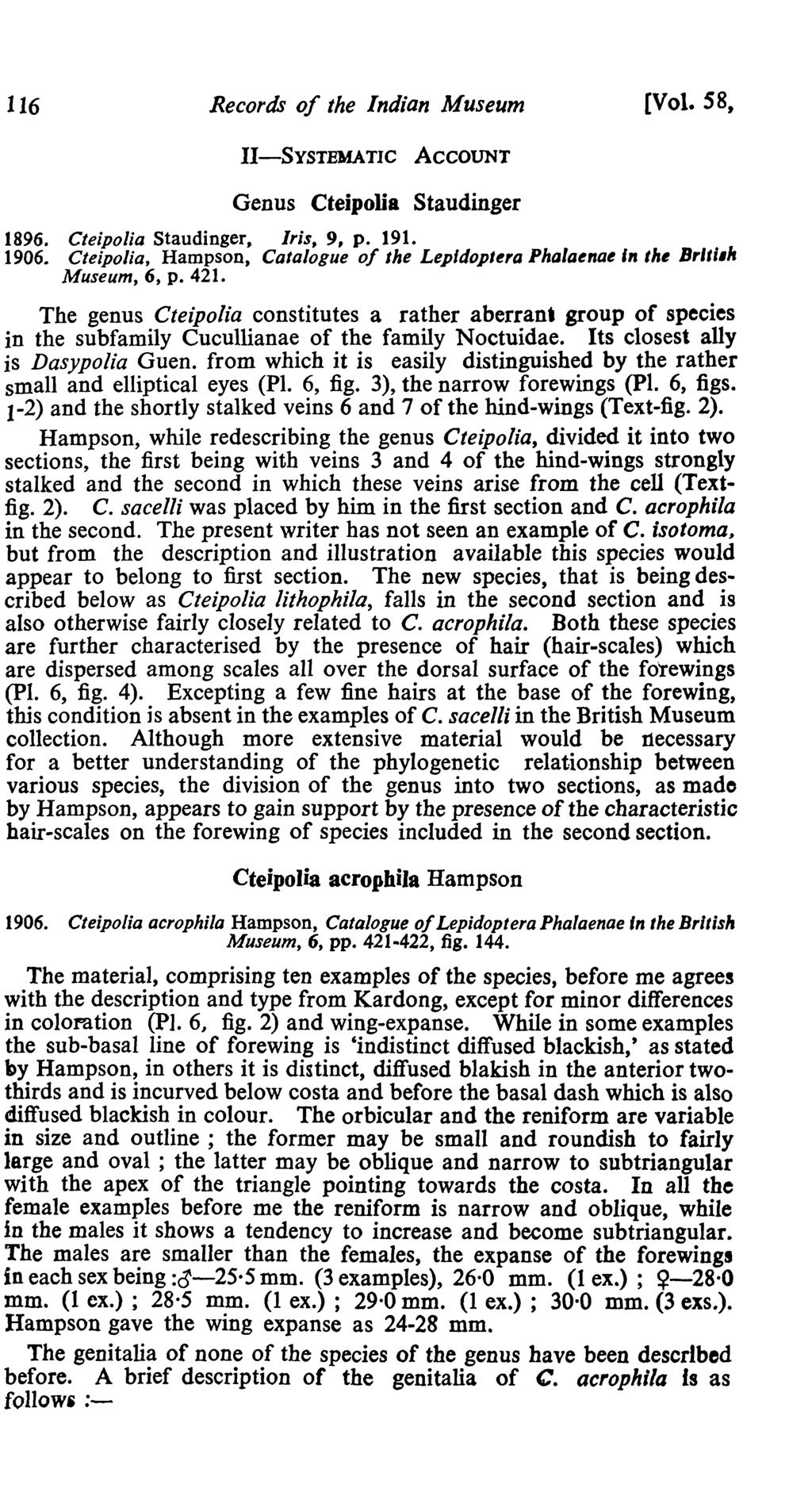 116 Records of the Indian Museum (Vol. 58, II-SYSTEMATIC ACCOUNT Genus Cteipolia Staudinger 1896. Cteipolia Staudinger, Iris, 9, p. 191. 1906.