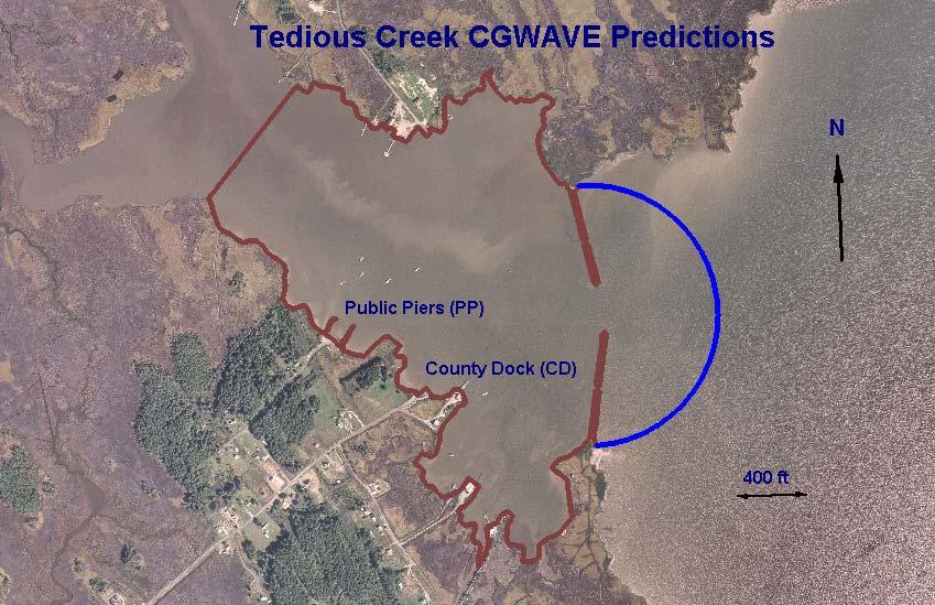 Figure 2. CGWAVE model for Tedious Creek, MD, with existing as-built gap of 122 m (400 ft) 6 sec are prevalent, the required grid size was 1.9 m (6.1 ft).