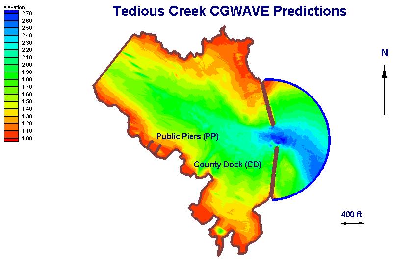 Figure 3. Tedious Creek bathymetry with water level of 1.