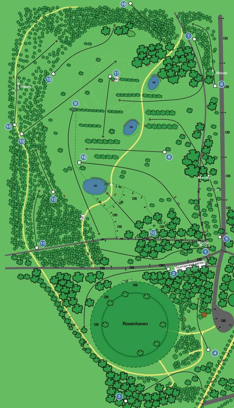 Course The course is a varied and very challenging course featuring both long, open and narrow holes. The par for the course is 65 with a total length of 2600 meters.