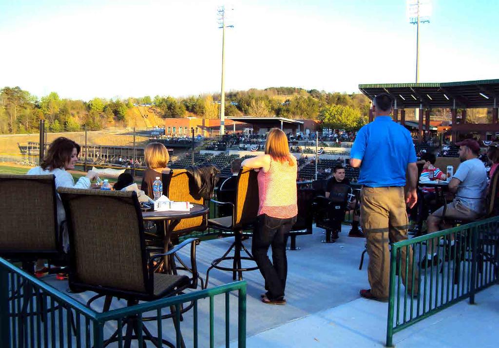 PARTY PATIOS Party patios combine the privacy of a suite with the outdoor environment of the ballpark. Fans are treated to exclusive seating, waitress service, and the specialty suite menu.