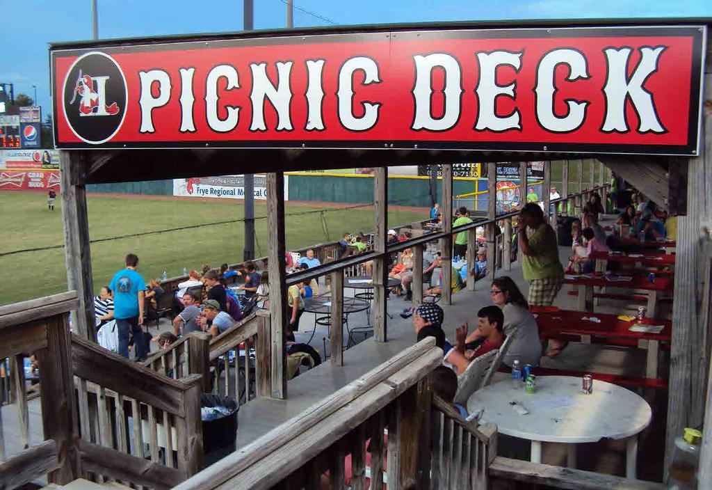 Picnic Pavilion Located on upper concourse of first base side Picnic Deck Located along the first base line Multiple picnics may