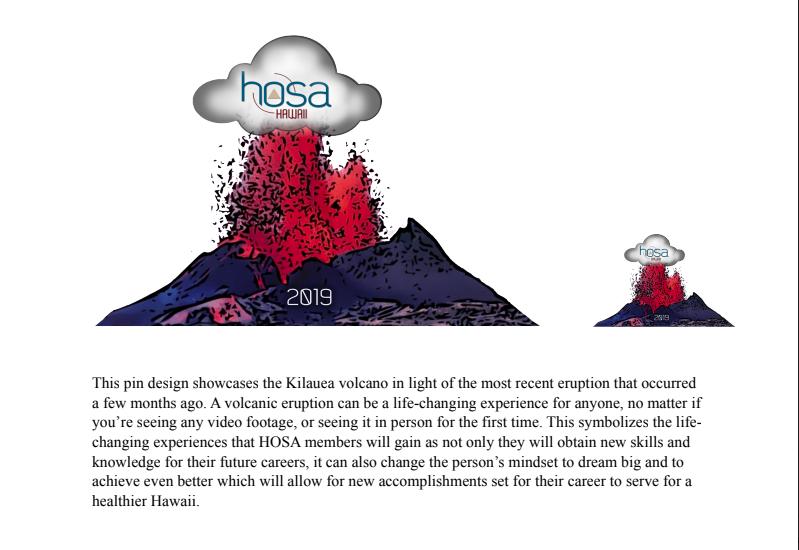 Inspired by the many aspects that make our state unique, this HOSA pin design focuses on Hawaii's beauty and overwhelming spirit of aloha.