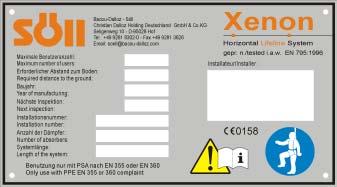 E 6. Affix the identification plate containing the following information at the access points: Manufacturer, vendor or importer: SÖLL Type designation: Söll-Xenon Max number of users Required