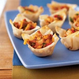 Bake at 350º for 7 minutes or until lightly browned. Keep wontons in muffin cups.