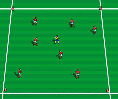 Fox and Hounds Emphasis: Dribbling under passive pressure. 30 x 30 yard grid. 12-18 players with a ball each. Two sets of colored bibs. Players arranged in pairs.