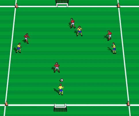 Basic form 4v4 Description: 4 v4 with 2 small goals without a goalkeeper. The teams try and score through combination play. Players have to check in and out in order to receive the ball.