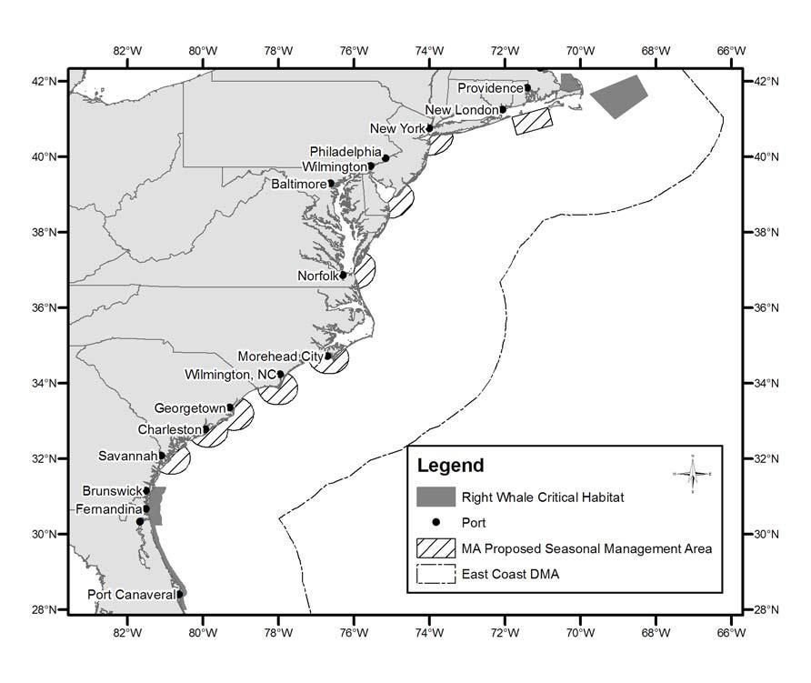 Figure 8-3. Proposed Mid-Atlantic U.S. area mandatory speed restriction November 1 through April 30 (migratory route).
