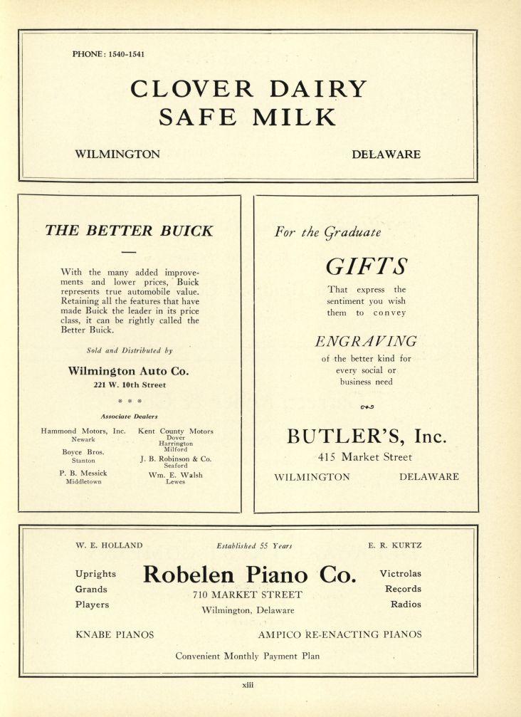 PHONE: 1540-1541 CLOVER DAIRY SAFE MILK WILMINGTON THE BETTER BUICK With the many added improvements and lower prices, Buick represents true automobile value.