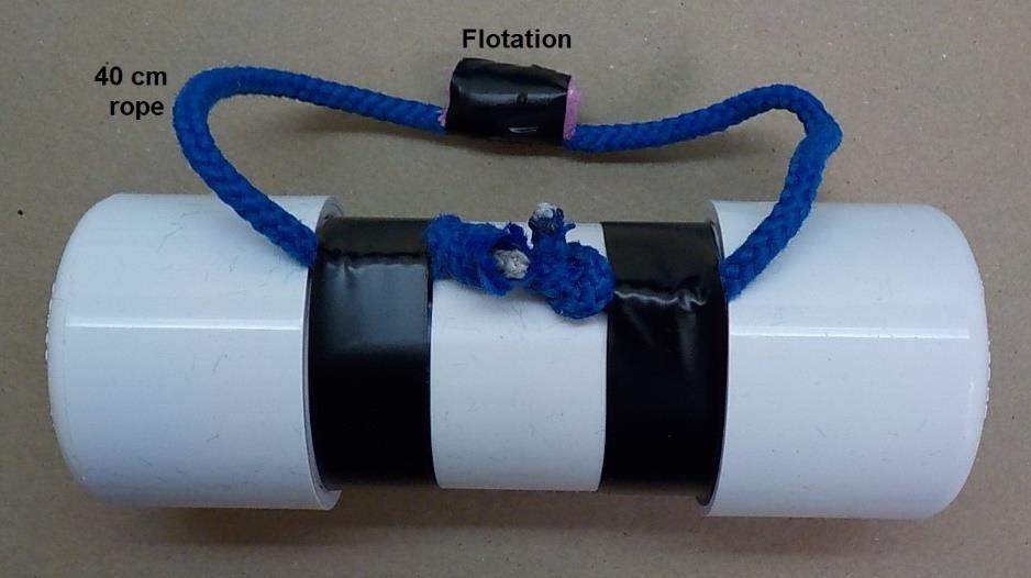 Water sample: The water sample is constructed from a 10 cm length of 1 ½-inch PVC pipe with end caps on both ends. Do not use glue or screws to secure the end caps.