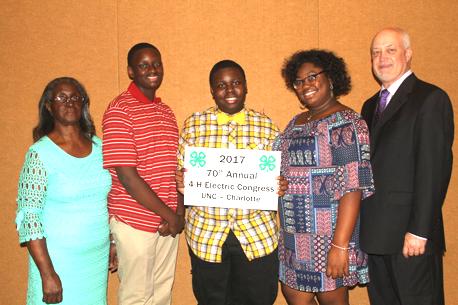 NC 4-H Electric Congress Pictured from left are Betty Garris, Anson County 4-H Volunteer Leader, Quenton Cromartie, Keyshawn Tillman, Na La Brown and Wayne Huddleston, Account manager with Duke