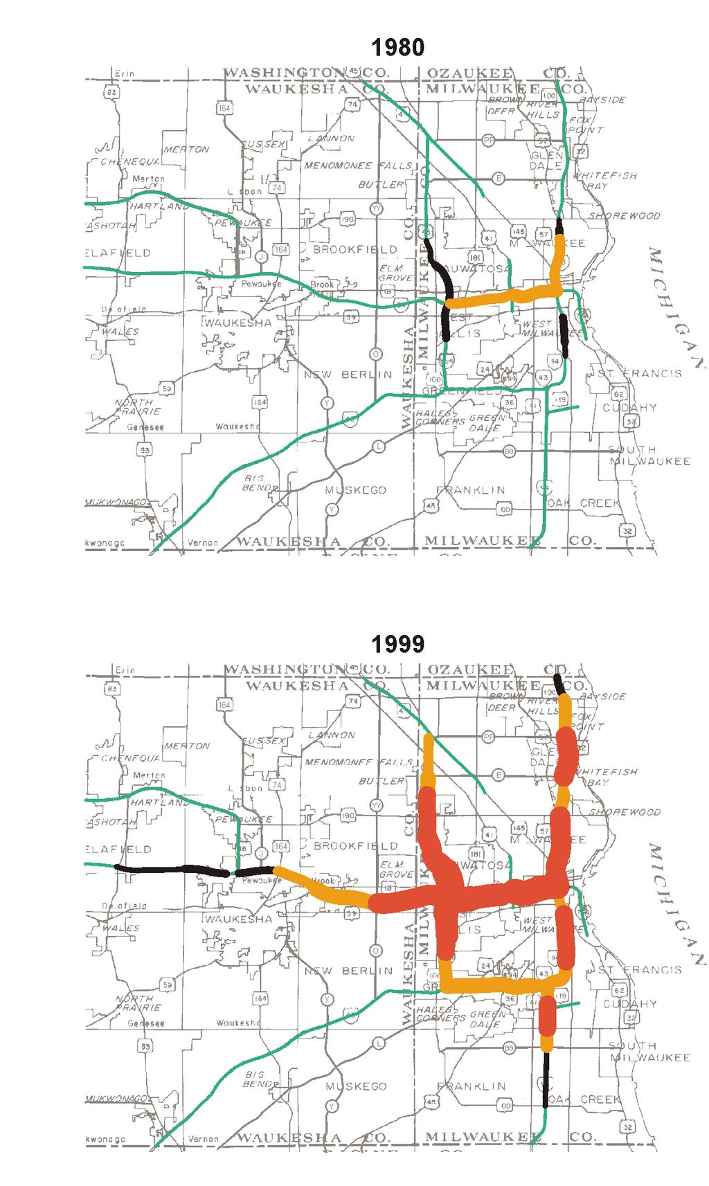 Historic Trend in Freeway Traffic Congestion 1972 1980 1991 1999 Note: Color represents most