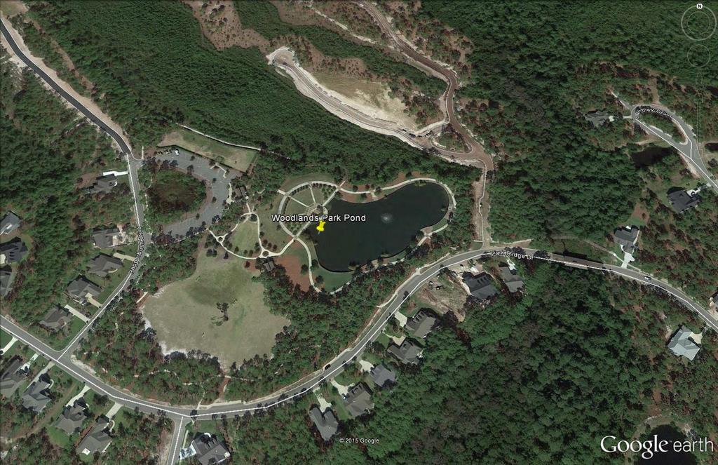 WOODLANDS PARK POND DIRECTIONS: Enter Seaside Gate; at roundabout, exit on Pine Forest Drive; at next roundabout, exit on Parkridge Drive; cross covered bridge; Woodlands Park Pond is on the right by