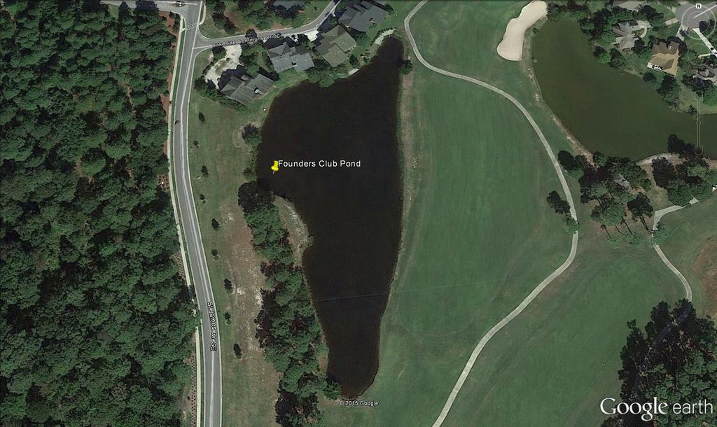 FOUNDERS CLUB POND DIRECTIONS: Enter St. James Drive Gate; continue on St. James Drive until you pass Lakeside Common Drive on the left; Founders Club Pond is on the left.