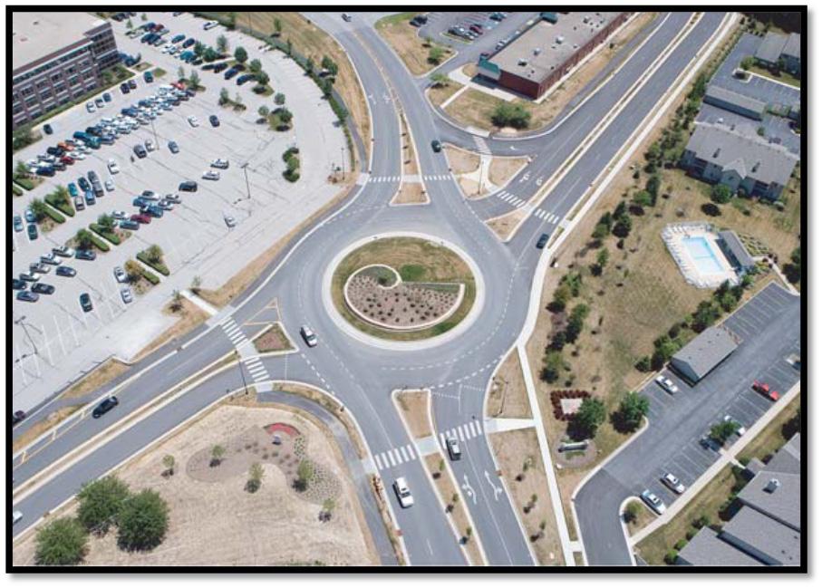 The geometric design features of a multi lane roundabout include raised splitter islands, a non traversable central island, and possibly an apron.