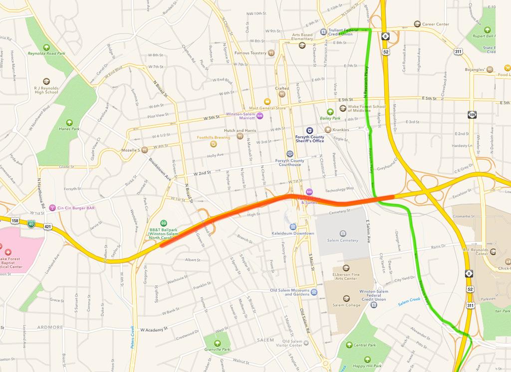 5 FROM DAVIDSON, LEXINGTON, SALISBURY, I-85 Entering Winston-Salem traveling north on US 52 to the Downtown Health Plaza: Follow US 52 North to Exit 108B for Research Parkway and turn left at the