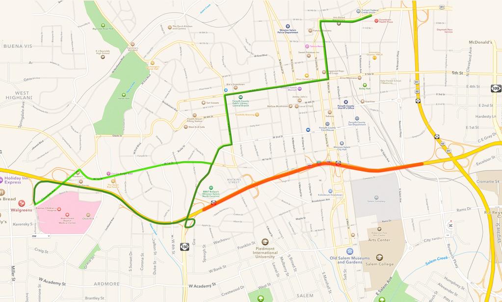 1 A FROM WAKE FOREST BAPTIST MEDICAL CENTER TO DOWNTOWN HEALTH PLAZA During the closure of Business 40, use one of the two routes below to travel from the Medical Center to the Downtown Health Plaza.