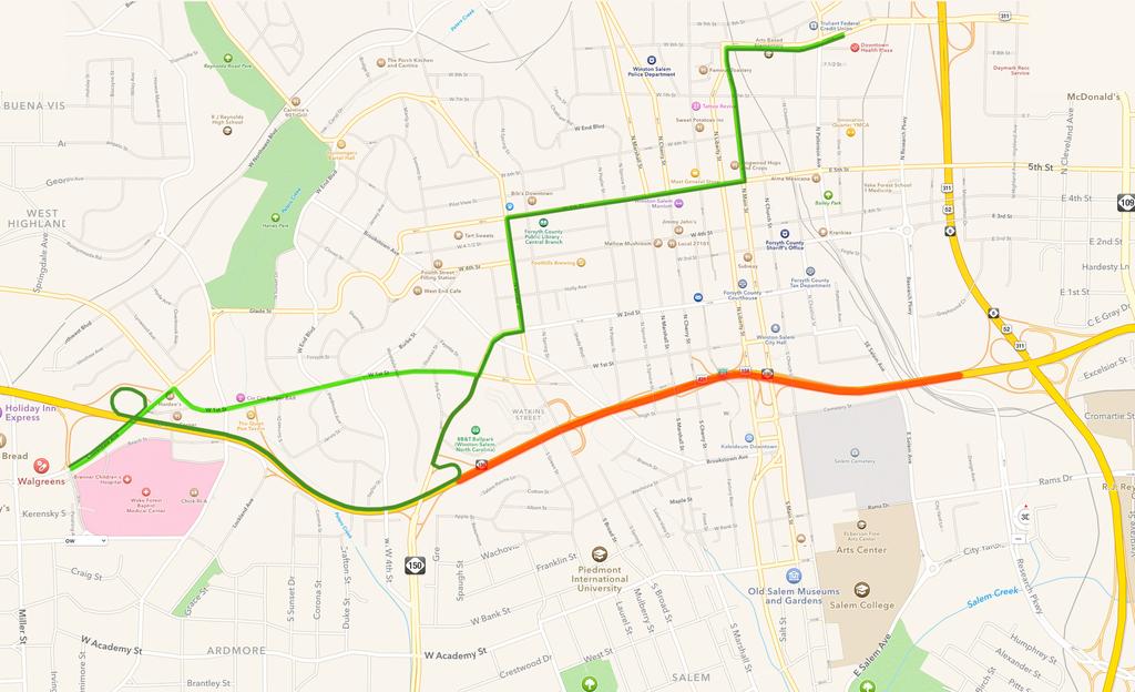 1 B FROM THE DOWNTOWN HEALTH PLAZA TO WAKE FOREST BAPTIST MEDICAL CENTER Entering Winston-Salem traveling south on US 421 or east on I-40 to the Downtown Health Plaza: Route option using Business 40